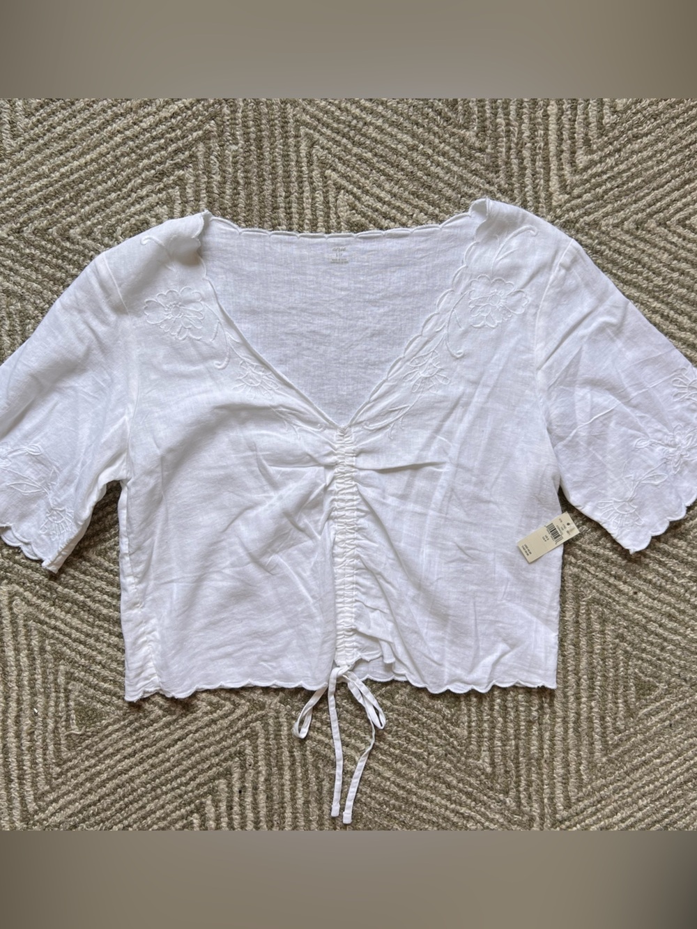 aerie White Short-Sleeve Tie-Front Embroidered Top